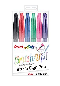 Estojo MarcadorPentel Brush Sign Pen 6 cores Lettering Trad