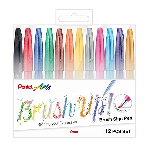 Estojo Marcador Pentel Brush Sign Pen 12 cores Lettering