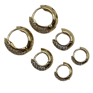 Conjunto semijóia Trio Brincos Argola Cravejada Banhada Ouro