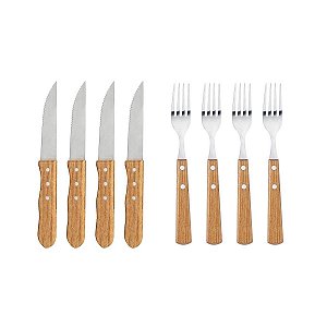 Jogo de Talheres Inox Cabo de Madeira Churrasco 8Pcs