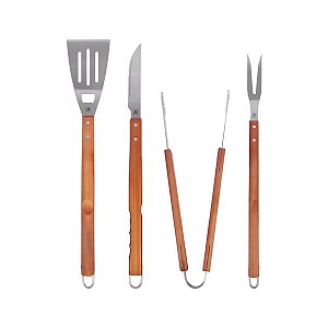 Kit Para Churrasco Inox Cabo de Madeira Grande 4 Pcs Bel