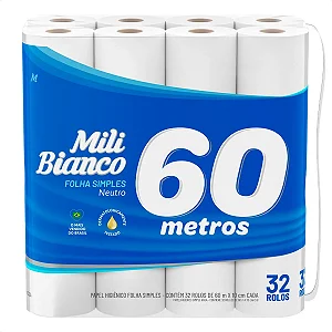 Papel Higiênico 60m Folha Simples Mili 32 Rolos