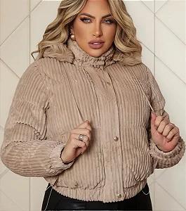 Jaqueta Puffer Feminina Cotelê Veludo  Peluciada Por Dentro Capuz Removível -