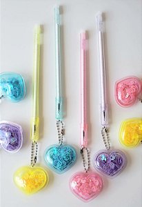 Caneta Pingente Coração com Lantejoulas