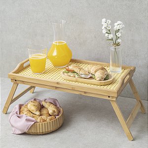 Bandeja com Pés Dobráveis de Bambu e Palhinha 50cm