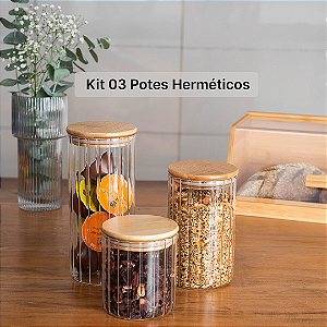 Kit 03 Potes Herméticos em Vidro Canelado com Tampa de Bambu 500ml, 800ml e 1100ml