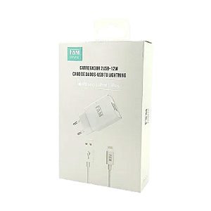 Kit Carregador Tomada FAM 12W MFI para Iphone Branco - HOMOLOGADO