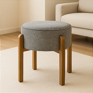 Puff Banqueta Luna Redondo Linho Base De Madeira Luxo - Kazza Shop