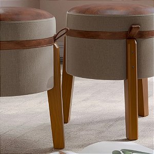 Kit 2 Puff Rest Bege Linho Redondo em Corino Decorativo