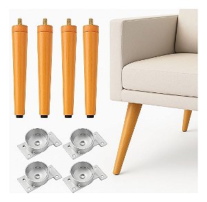 Kit 4 Pé Palito 40cm Para Poltronas Sofá  + 4 Chapa  Reforço Inclinadas - Kazza Shop