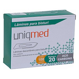 LAMINA BISTURI N20 DESCARTAVEL AÇO CARBONO - CX/100 - UNIQMED