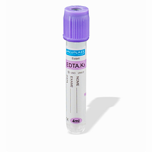 TUBO 4ML 13X75MM EDTA K3 COLETA DE SANGUE A VACUO - RACK/100 - VACUPLAST