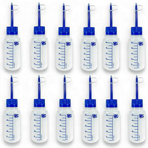 Kit 12 Pisseta Plástica Graduada 250ML Bico Reto Com Tampa