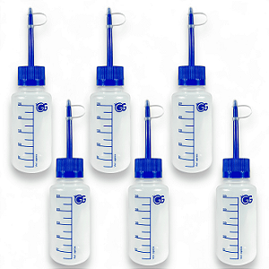 Kit 6 Pisseta Plástica Graduada 250ML Bico Reto Com Tampa