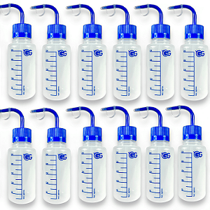 Kit 12 Pisseta Plástica Graduada 250ML Bico Curvo Com Tampa