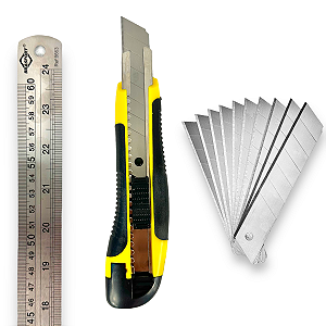 Kit Régua Inox 60cm + Estilete Profissional + 12 Lâminas