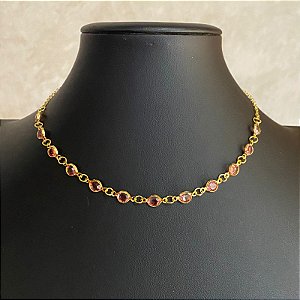 Colar Choker Dourado Pedrinhas Rosa