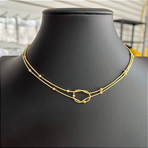Colar Choker Nó Cordão Bolinha Dourado