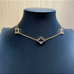 Colar Choker Trevo Dourado Pedra Rosa Transparente