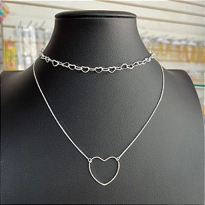 Colar Choker Prata Coração Duplo