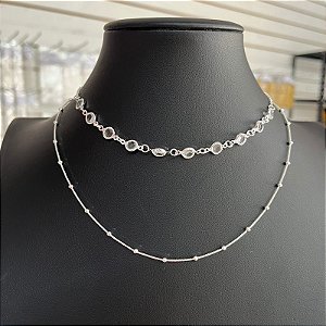 Colar Choker Pedrinhas Duplo Prata