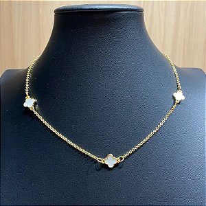 Colar Choker Trevo P Dourado/Branco