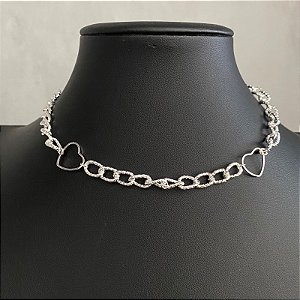 Colar Choker Corrente/Coração Prata
