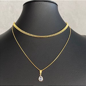 Colar Choker Dourado Duplo Fita/Pingente