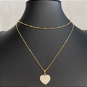Colar Choker Dourado Duplo Bolinhas/Coração