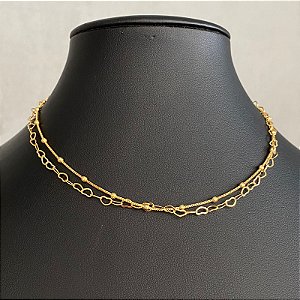 Colar Choker Dourado Duplo Coração/Bolinha