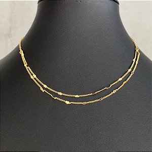 Colar Choker Dourado Duplo Coraçãozinho