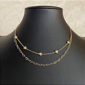Colar Choker Duplo Estrela/Coração Dourado