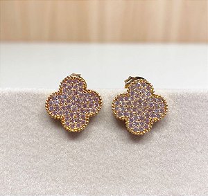 Brinco Cravejado Zircônia Trevo Dourado
