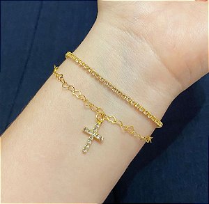 Pulseira Dupla Veneziana/Cruz Dourada