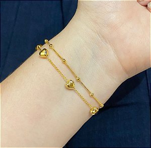 Pulseira Dupla Coração/Bolinha Dourada