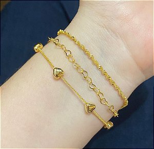 Pulseira Tripla Coração/Trançado Dourada