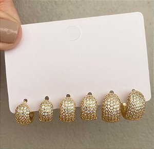 Kit 3 Argolas Cravejado Luxo Prata/Dourado