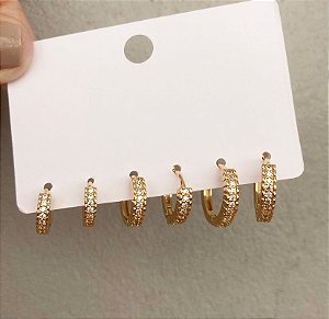 Kit 3 Argolas Cravejado Prata/Dourado