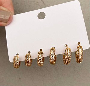 Kit 3 Argolas Cravejado Prata/Dourado