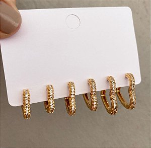 Kit 3 Argolas Coração Cravejado Prata/Dourado