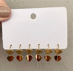 Kit 3 Brincos Argola Coração Duplo Prata/Dourado
