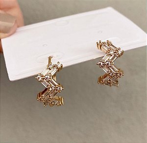 Brincos Argola Luxo Zig Zag Cravejado Prata/Dourado