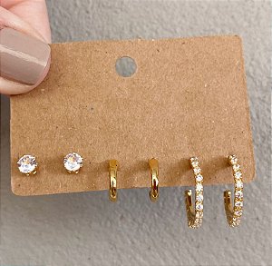 Kit 3 Brincos Dourado/Prata