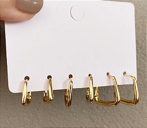 Kit 3 Brincos Argola Quadrada Dourado/Prata