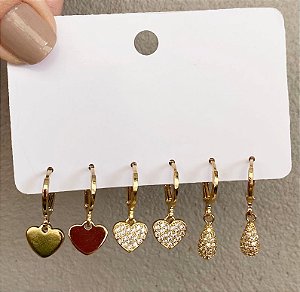 Kit 3 Brincos Argola Coração/Gota Dourado/Prata