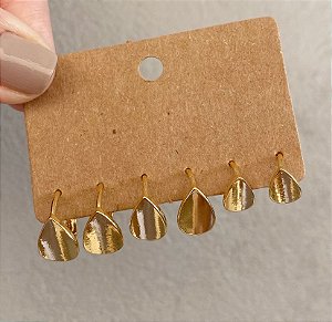 Kit 3 Brincos Argola Gota Dourado/Prata