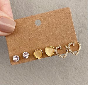Kit 3 Brincos Coração Dourado/Prata