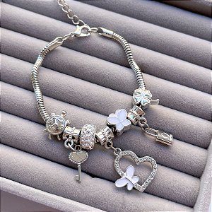 Pulseira Berloques Prata Coração