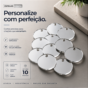 Espelho de Acrílico PRATA Redondo 40mm para Chaveiros – Kit com 10 Unidades | CDC Laser
