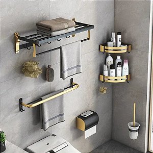 Prateleira de Banheiro em Alumínio com Ganchos e Porta-papel Lenogue